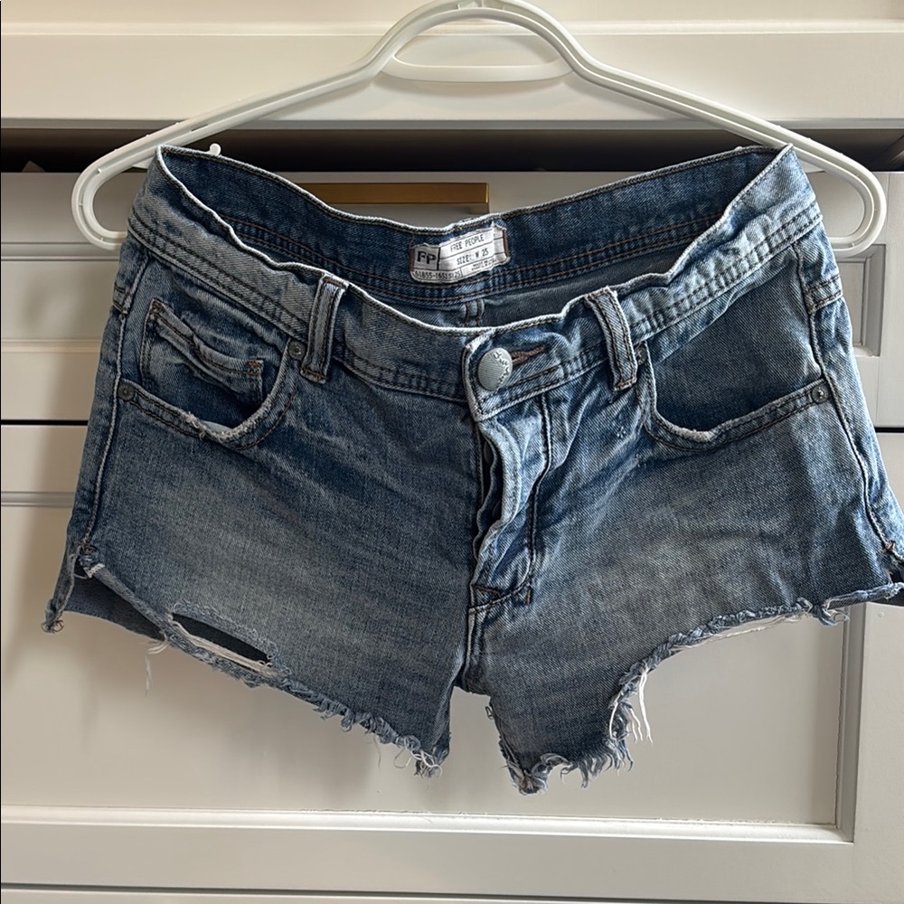 Free People Blue Jean Short Shorts with Frayed Hem